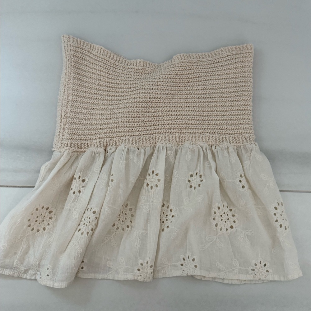 Cream Ribbed Tie Front Ruffled Blouse - Picture 3 of 3